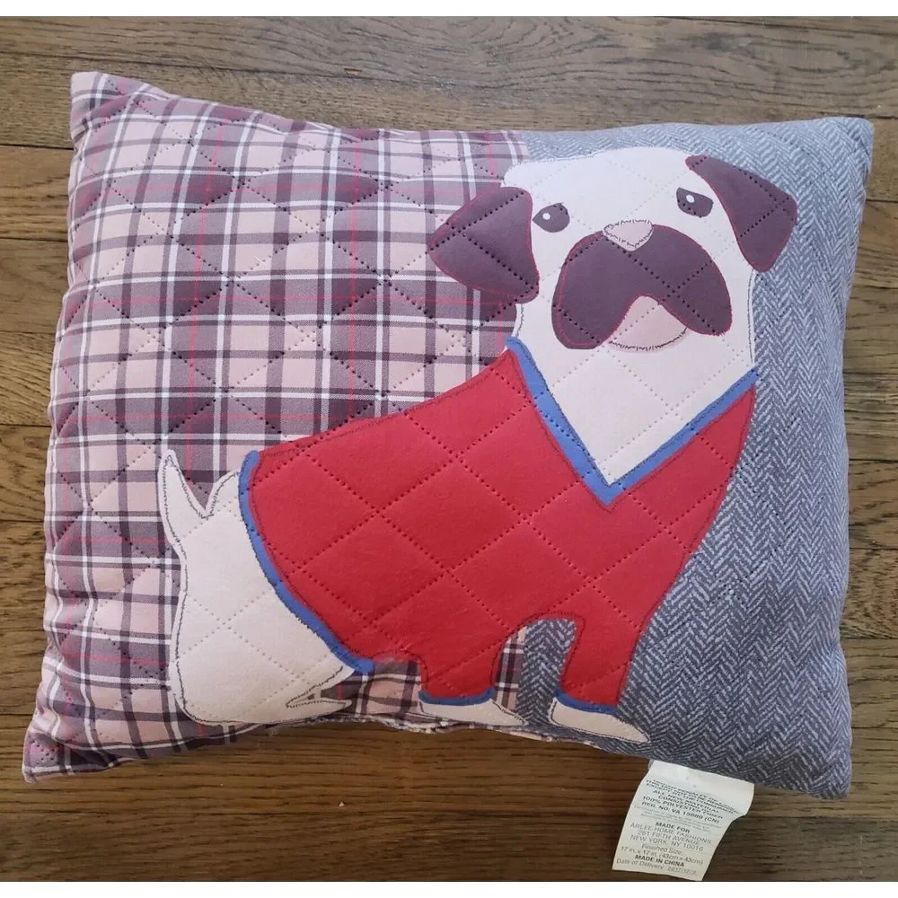 Dog Pillow Pug‎ Quilted Plaid 18 x 15 Decor Herringbone Canine Soft Plush Throw